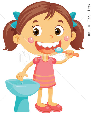 Cute little girl brushing her teeth in bathroom 135901265