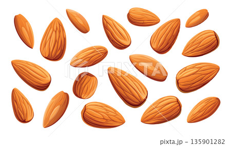 Many almond nuts falling through the air 135901282