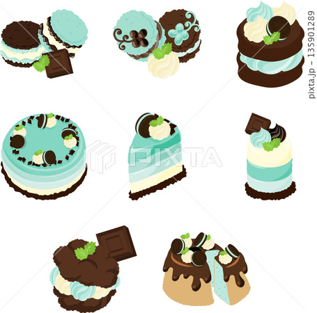 爽やかなミントカラーと濃厚チョコが楽しめる、チョコミントスイーツのイラストセットです。 135901289