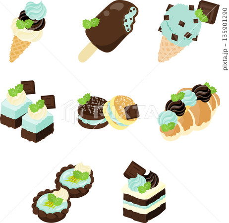 爽やかなミントカラーと濃厚チョコが楽しめる、チョコミントスイーツのイラストセットです。 135901290