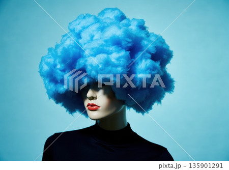 A mannequin with a striking blue cloud hairstyle, creating a bold fashion statement 135901291