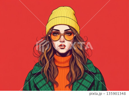 Stylish woman in a yellow beanie and orange glasses against a red background 135901348