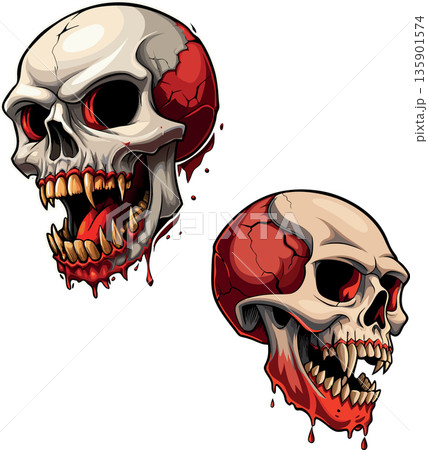 Two scary vampire skulls with blood dripping 135901574