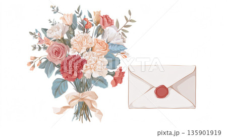 リボン付き花束と手紙の封筒を描いた上品なイラスト素材 135901919