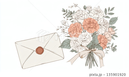 カーネーションの花束と封筒を描いたナチュラルな線画風イラスト カーネーションの花束と封筒を描いたナチュラルな線画風イラスト 135901920