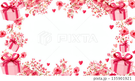 花とリボン付きギフトボックスが囲む華やかなフレーム背景 135901921