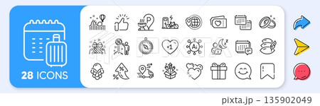 Pillow, Gift box and Fireworks rocket line icons. Interest rate, AI generate, Inflation icons. Pack of Heart, Ice cream, Discount icon. Smile face, Baggage calendar, Love tickets pictogram. Vector 135902049