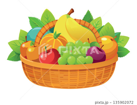 Wicker basket overflowing with fresh fruit on white background 135902072