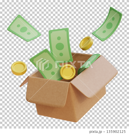 3D rendering of cartoon money bills popping out of a cardboard delivery box 3D rendering of cartoon money bills popping out of a cardboard delivery box 135902125
