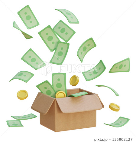 3D rendering of cartoon money bills popping out of a cardboard delivery box 3D rendering of cartoon money bills popping out of a cardboard delivery box 135902127