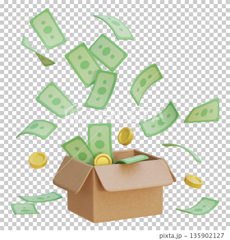 3D rendering of cartoon money bills popping out of a cardboard delivery box 135902127