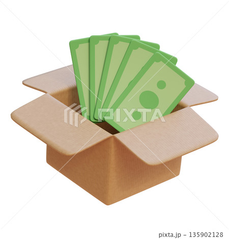 3D graphic of cartoon dollar bills inside an open cardboard delivery box 3D graphic of cartoon dollar bills inside an open cardboard delivery box 135902128