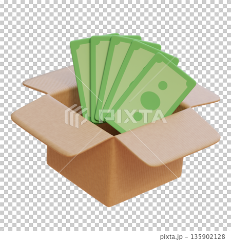 3D graphic of cartoon dollar bills inside an open cardboard delivery box 3D graphic of cartoon dollar bills inside an open cardboard delivery box 135902128