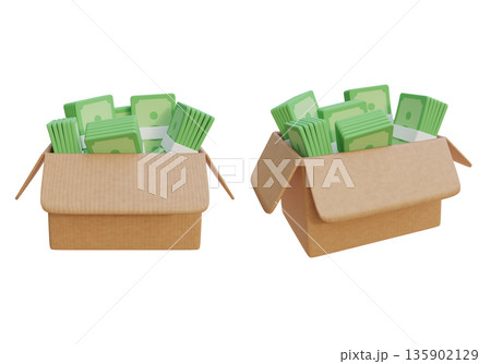 3D rendering of stacks of cash bundles inside a cardboard delivery box 135902129