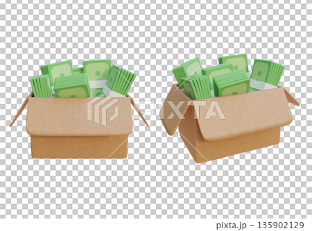 3D rendering of stacks of cash bundles inside a cardboard delivery box 135902129
