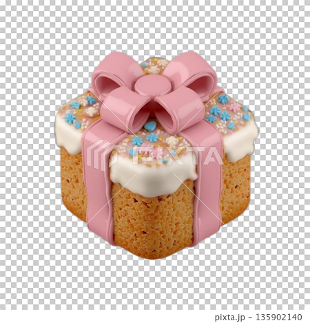 逼真的禮物形狀糖霜餅乾插圖，透明背景PNG格式，粉紅色絲帶和鮮花 135902140