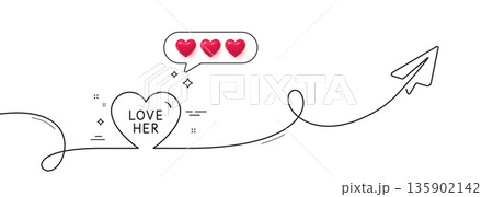 Love her line icon. Continuous line with share plane. Sweet heart sign. Valentine day symbol. Hearts rate review in speech bubble. Love her single line ribbon. Loop curve pattern. Vector Love her line icon. Continuous line with share plane. Sweet heart sign. Valentine day symbol. Hearts rate review in speech bubble. Love her single line ribbon. Loop curve pattern. Vector 135902142