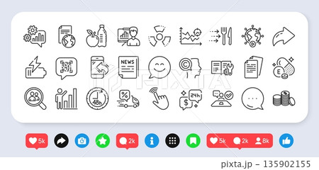 Search employees, Fake news and Documents line icons pack. Social media: share, comment, like icons. Food delivery, Presentation board, Job interview web icon. Vector 135902155