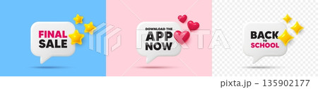 Download app chat speech bubble. 3d stars, sparkles, hearts chat bubbles. Download the app now. Web application sign. Get program software symbol. Final sale, Back to school tag. Vector Download app chat speech bubble. 3d stars, sparkles, hearts chat bubbles. Download the app now. Web application sign. Get program software symbol. Final sale, Back to school tag. Vector 135902177