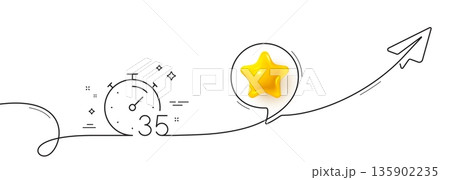 Timer 35 minutes line icon. Continuous line with share plane. Stopwatch time sign. Countdown clock symbol. 3d star in speech bubble. Timer single line ribbon. Loop curve pattern. Vector 135902235