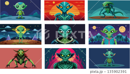 Alien Character Figures in Colorful Comics- 135902391