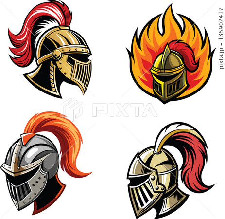 Four different medieval knights helmets with plumes in profile view- Four different medieval knights helmets with plumes in profile view- 135902417