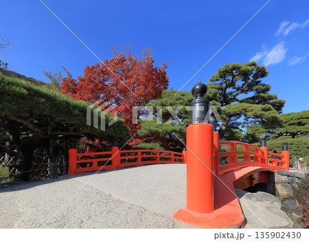 栗林公園の梅林橋(赤橋)と箱松と紅葉 栗林公園の梅林橋(赤橋)と箱松と紅葉 135902430