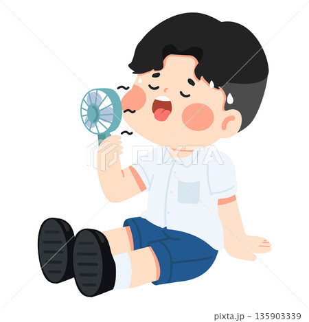 Boy Cooling Off With A Fan 135903339