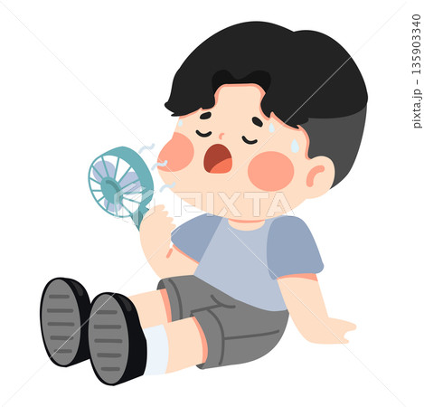 Boy Sweating While Using a Handheld Fan Boy Sweating While Using a Handheld Fan 135903340