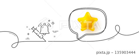 Vaccine announcement line icon. Continuous line with 3d star. Vaccination syringe with bell sign. Jab symbol. 3d star in speech bubble. Vaccine announcement single line ribbon. Vector 135903444