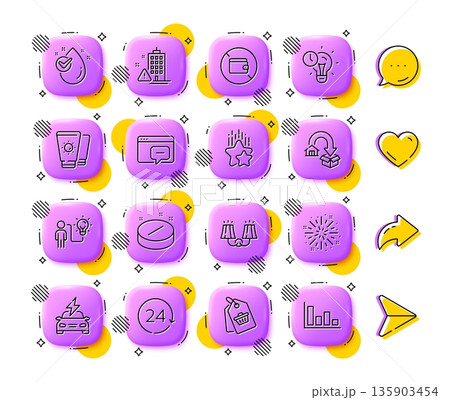Seo message, Fireworks explosion and Medical tablet line icons. App 3d buttons. Social media comment, share, like icons. Pack of Sunscreen, Moving service, Ranking stars icon. Vector 135903454