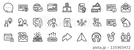 Video conference, Help and Stress grows line icons pack. Share, Message, Paper plane icons. Flash memory, Inspect, Brand web icon. Money wallet, Confirmed mail, Music phone pictogram. Vector Video conference, Help and Stress grows line icons pack. Share, Message, Paper plane icons. Flash memory, Inspect, Brand web icon. Money wallet, Confirmed mail, Music phone pictogram. Vector 135903472