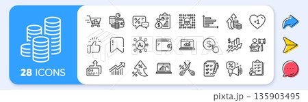 Report, Budget accounting and Card line icons. Interest rate, AI generate, Inflation icons. Pack of Shopping cart, Checklist, Binary code icon. Coins, Survey checklist, Graph laptop pictogram. Vector 135903495