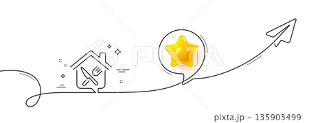 Food delivery line icon. Continuous line with share plane. Meal order at home sign. House food deliver symbol. 3d star in speech bubble. Food delivery single line ribbon. Loop curve pattern. Vector 135903499