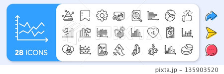 Charts and Diagrams line icons. Interest rate, AI generate, Inflation icons. Report, 3D Chart, Block diagram and Dot Plot graph linear icons. Trend, Pyramid and Pie chart report symbols. Vector 135903520
