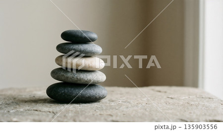 Stack of balanced gray and white stones. Tranquil spiritual zen concept for meditation, relaxation, and harmony. Spa and wellness background. Stack of balanced gray and white stones. Tranquil spiritual zen concept for meditation, relaxation, and harmony. Spa and wellness background. 135903556