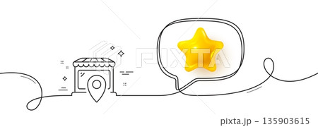 Market location line icon. Continuous line with 3d star. Wholesale store sign. Retail marketplace symbol. 3d star in speech bubble. Market location single line ribbon. Loop curve pattern. Vector Market location line icon. Continuous line with 3d star. Wholesale store sign. Retail marketplace symbol. 3d star in speech bubble. Market location single line ribbon. Loop curve pattern. Vector 135903615