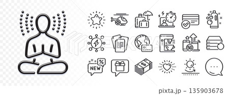 Payment methods, Medical helicopter and Documents line icons for web app. Glare of light effect. Message icon. Pack of Heart, Luggage insurance, Yoga pictogram icons. Vector 135903678