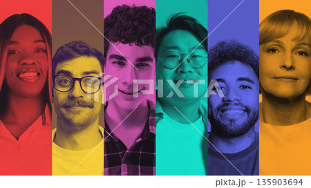 Inclusive collage diverse people portraits in vibrant color panels. 135903694