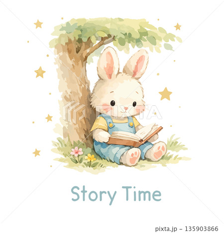 Cute Bunny Reading Under Tree Illustration Cute Bunny Reading Under Tree Illustration 135903866
