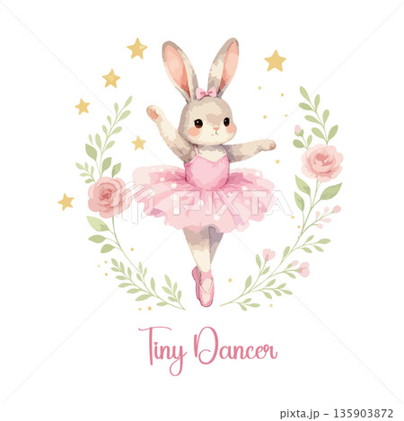 Ballet Bunny Dancing with Roses and Stars in Pink Tutu Illustration Ballet Bunny Dancing with Roses and Stars in Pink Tutu Illustration 135903872