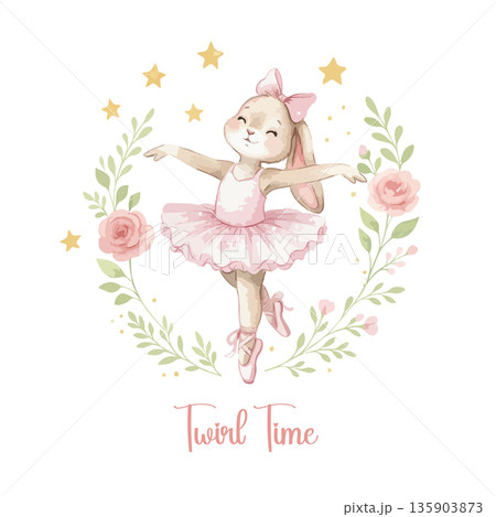 Ballet Bunny Dancing in Floral Wreath with Stars Illustration 135903873