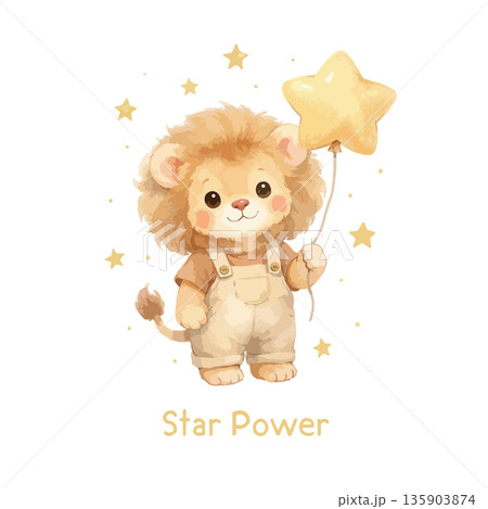 Cute Lion Holding Star Balloon Surrounded by Stars Illustration 135903874