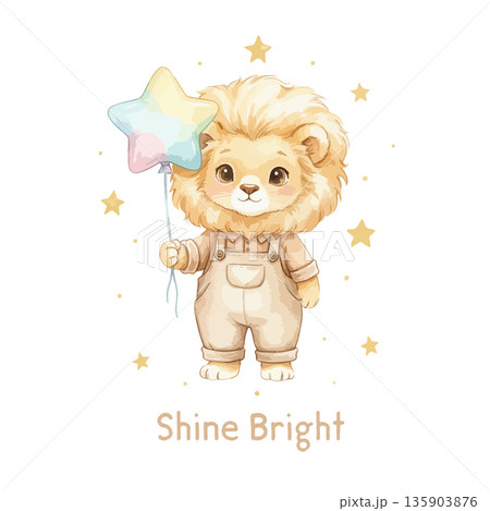 Cute Lion Holding Star Balloon with Golden Stars Illustration 135903876