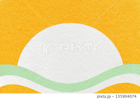 Yellow textured paper background with white circle for copy space and light green waves for poster, banner, presentation 135904074