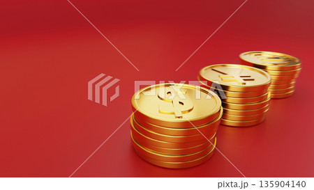 赤い背景の手前のドルにピントを合わせた金貨と余白 活発な外貨投資・強いドル・資産増益のイメージ 135904140
