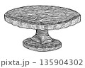 Vintage wooden round cake stand in a classic Easter theme. Realistic hand drawn vector illustration with graphic texture. Perfect for black and white card design. Ideal for festive holiday tableware. 135904302