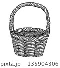 Empty woven basket hand drawn vector sketch. Elegant vintage line art illustration with decorative graphic texture. Perfect for black and white greeting card design or wedding invitation template. 135904306