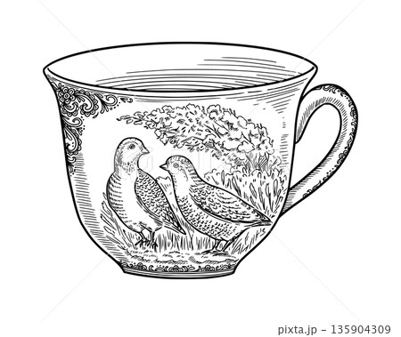 Vintage porcelain cup with couple of quail bird motifs. Realistic hand drawn vector dinnerware with fine details. Perfect for outline card design. Ideal for elegant tableware decor and nostalgic art. Vintage porcelain cup with couple of quail bird motifs. Realistic hand drawn vector dinnerware with fine details. Perfect for outline card design. Ideal for elegant tableware decor and nostalgic art. 135904309