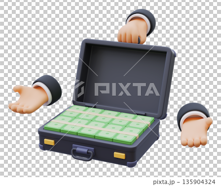 3D hand holding an open briefcase full of money 3D hand holding an open briefcase full of money 135904324
